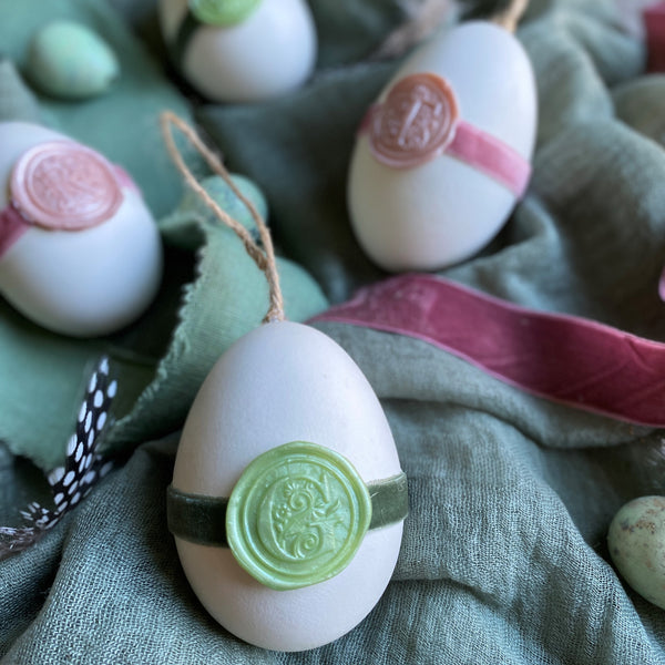 Hanging Goose Egg with Personalised Sage Green Wax Seal
